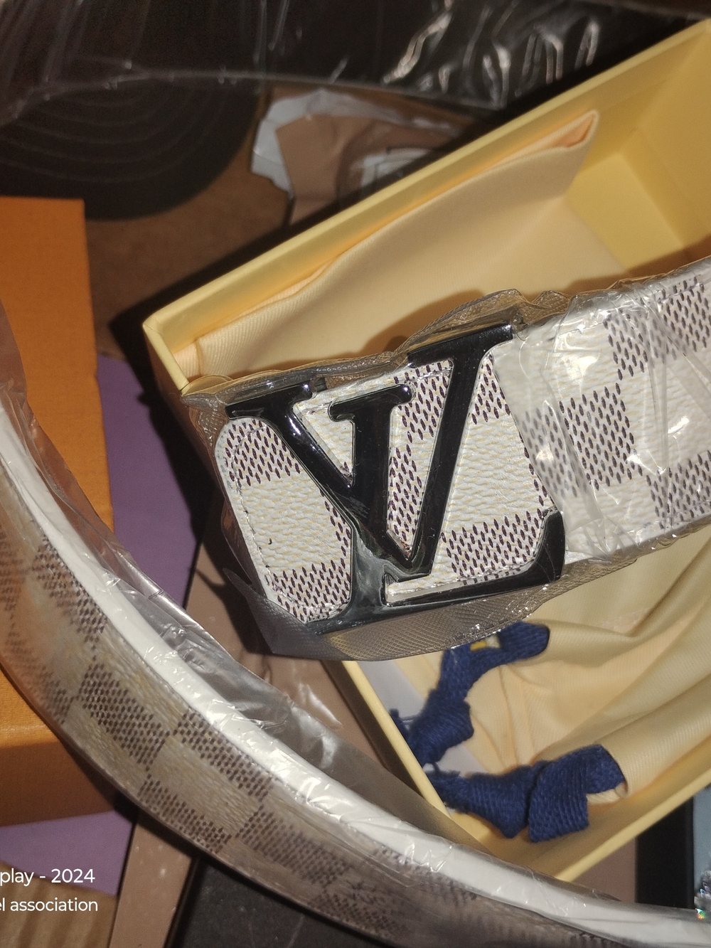 Designer Louis Vuitton White Check Men's Belt with Black LV Silver Buckle